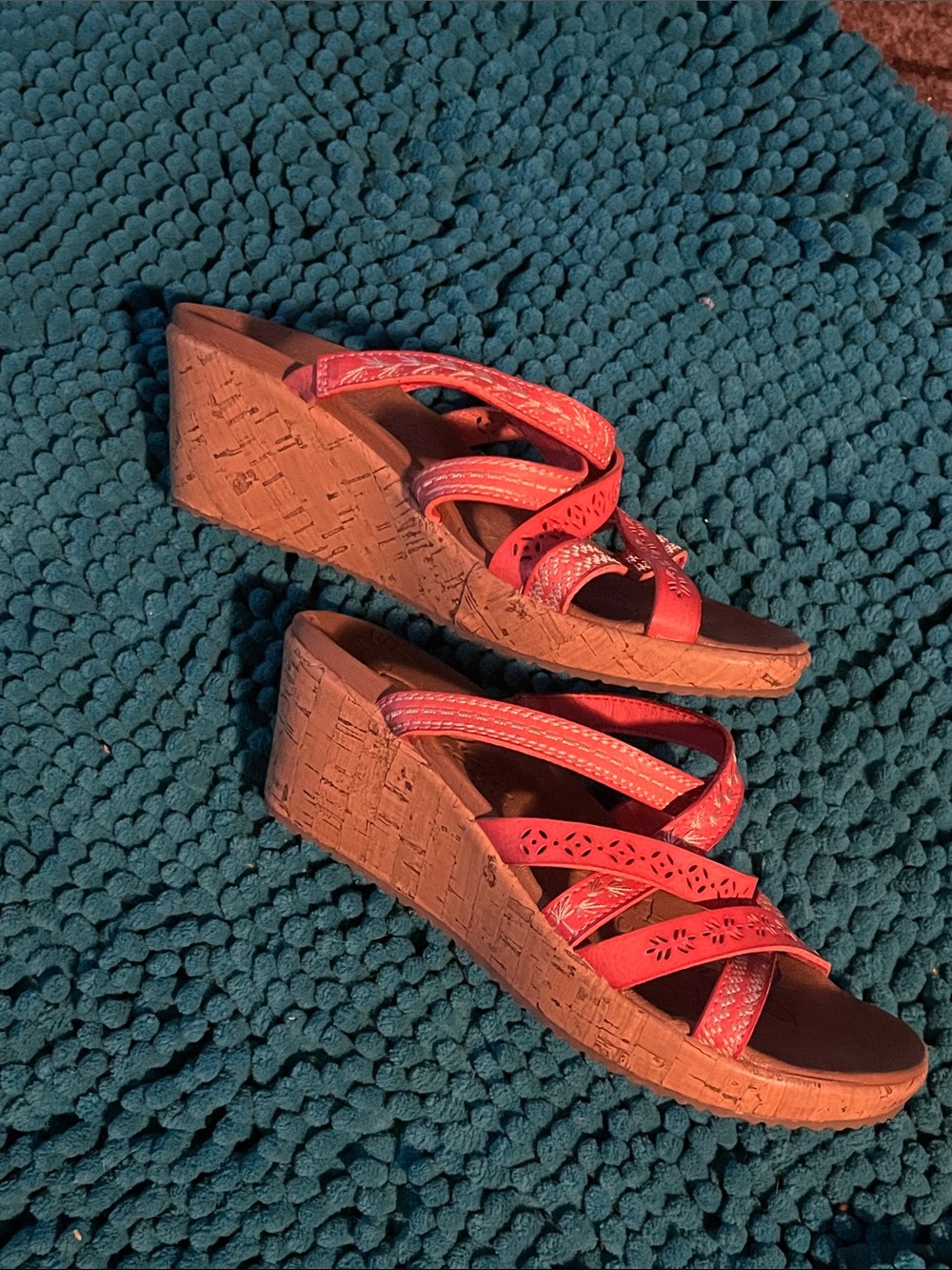 Skechers Coral Red Cork Wedge Sandals
